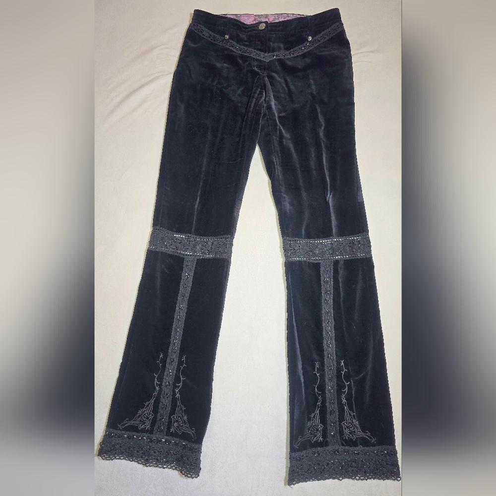 Plenty by Tracy Reese Black Velvet Embroidered Crochet Beaded Pants Goth Y2k
